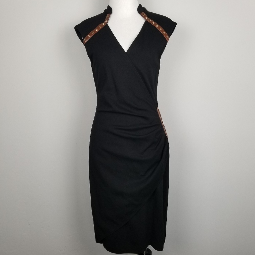 Cache | Black Faux Wrap Dress Leather